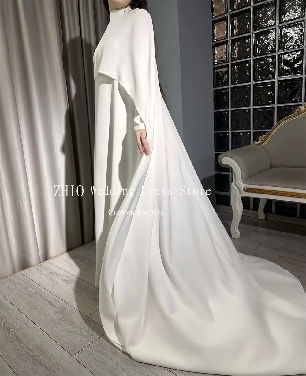 ZHIO فساتين حفلات الزفاف الإسلامية الأبيض الأنيق العربية كيب فساتين حفلات ذيل طويل Vestidos De Boda Para Fiestas مخصصة