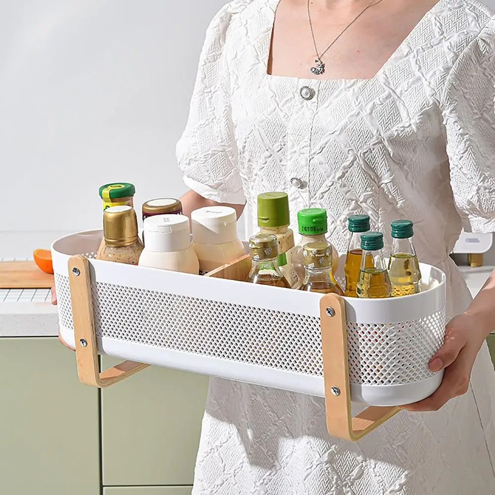 

Wooden Handle Storage Basket Detachable Baffle Hollow Out Storage Rack Large Capacity Multifunctional Plastic Basket