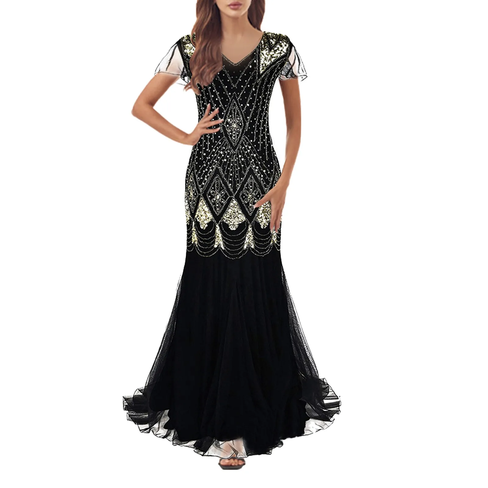 Retro 1920s Flapper Long Sequin Dress Banquet Party Evening Dress Ladies Gatsby Dress Wedding Gown Stage Cosplay Costume