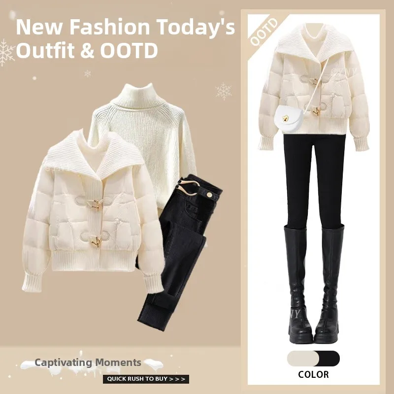 

Thickened Cotton Jacket High Collar Sweater Jeans Three Piece Set Women's Fashion Winter Clothes Matching Full Set New Arrival