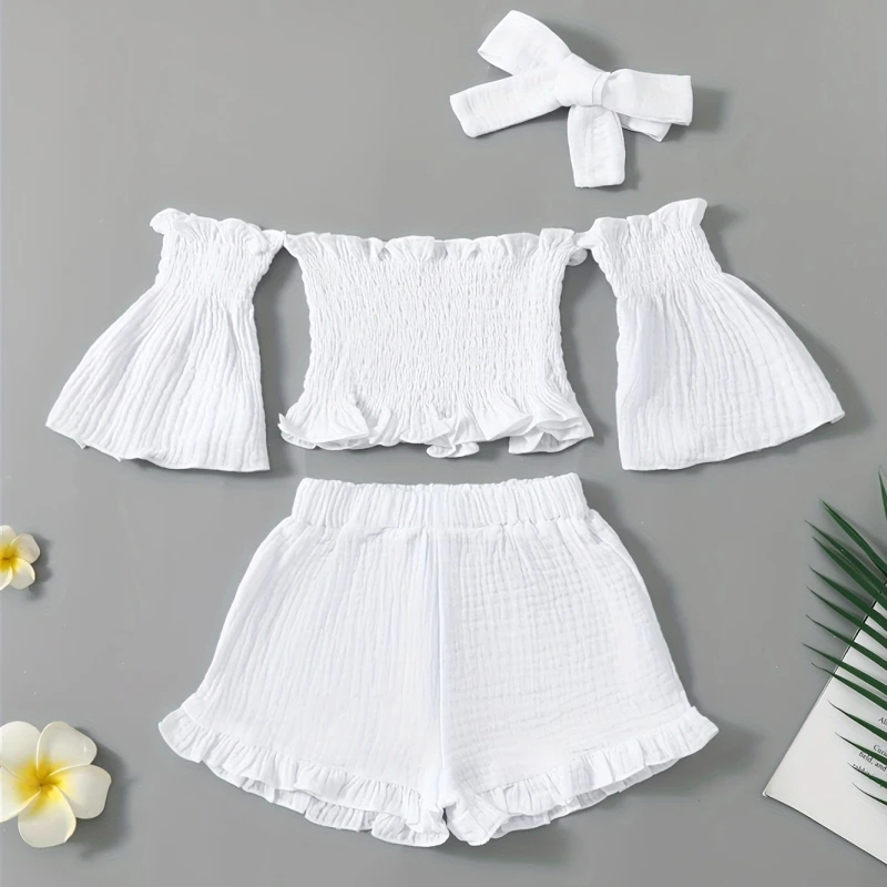 Stylish 3pc Girl\'s Summer Set: Off-Shoulder Cotton Top, Ruffle Denim Shorts & Headband - Perfect Casual Gift