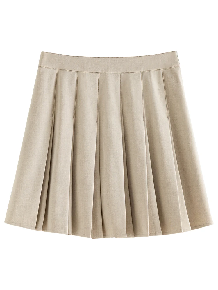 FSLE 【3 Colors】Office Lady Twill Pleated Apricot Above-Knee Length Skirts High Waist Zipper Waist Spring Mini Skirt 24FS11141