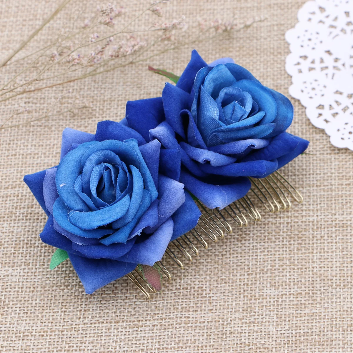 

2Pcs Double Lint Rose Hair Comb Exquisite Floral Accessory for Bride Wedding Party Tropical Theme Use Blue Rose Hair Comb