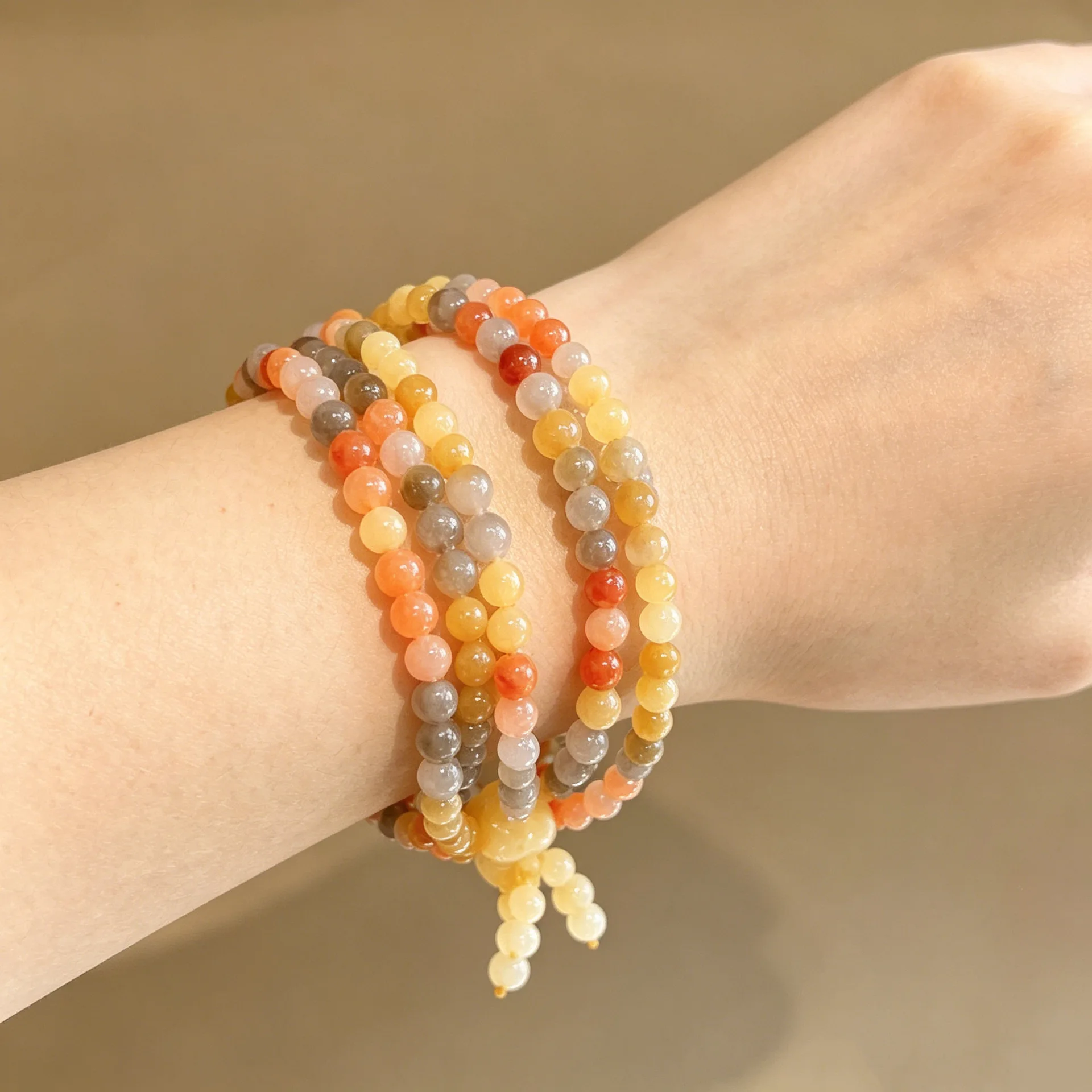 A Two-piece~Long Stacked Gold Jade Bead Bracelet Necklace for Women, Featuring a New Chinese Retro Multi Circle Bracelet Accesso