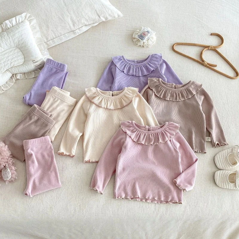 

Baby Girls Ruffle Collar Loungewear Set Autumn Winter Pastel Color Toddler Pajamas 2 Piece Kids Sleepwear
