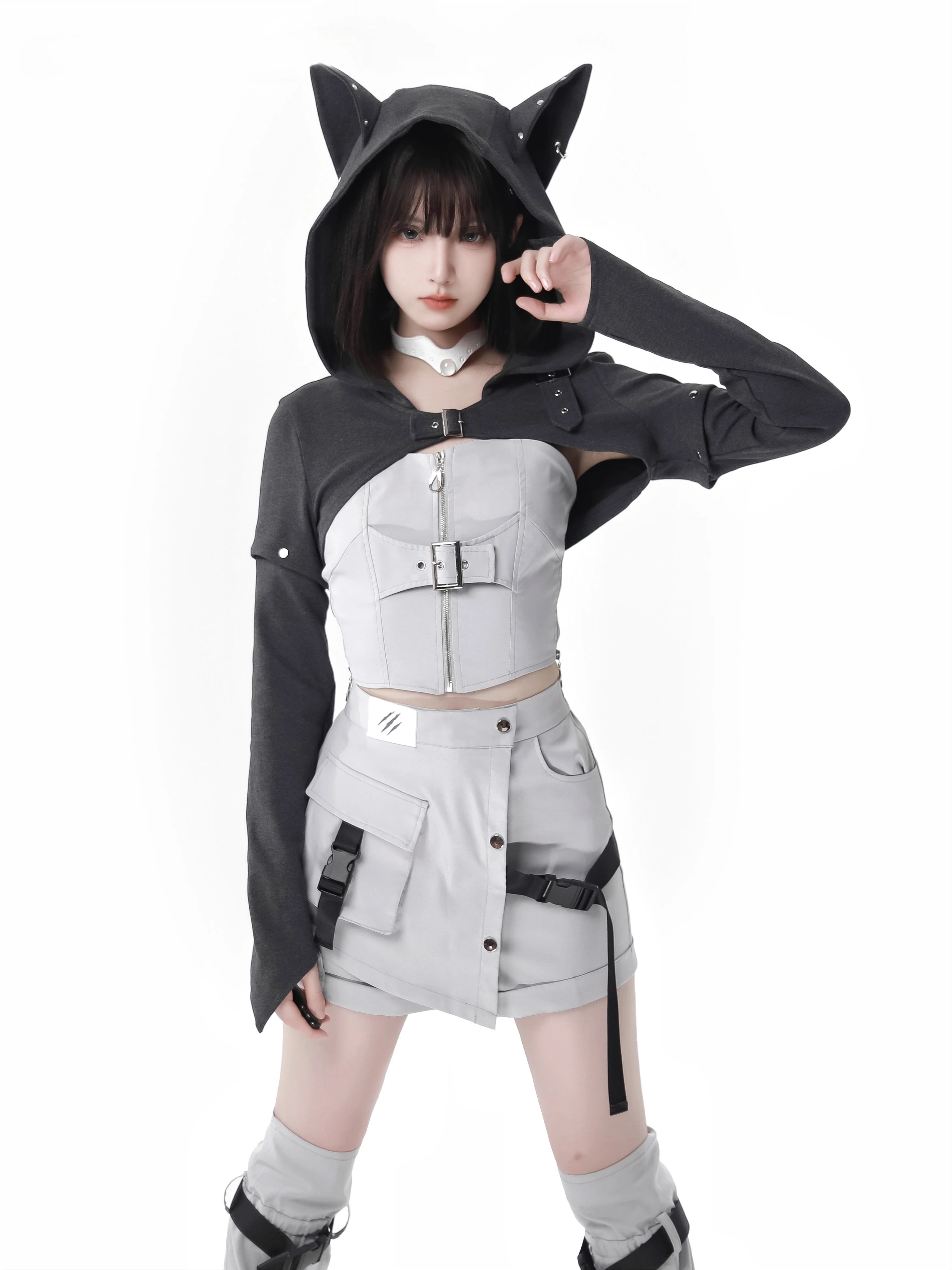 Original Street Hot Girl Sweet Removable Sleeve Hooded Jacket Sleeveless A-line Dress Subculture Two-Piece Sets Womens Outfits