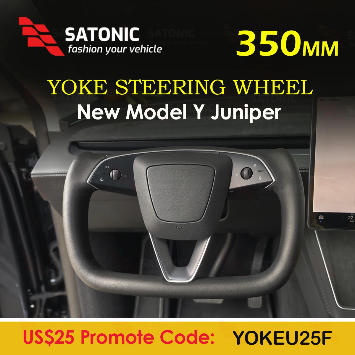 

SATONIC 350 мм руль с подогревом и хомутом для Tesla 2026 Model Y Juniper, персонализированная кожа наппа
