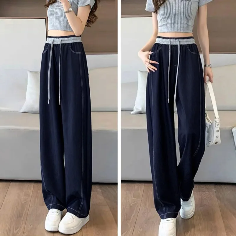 

Модные универсальные повседневные брюки с завязками, широкие штанины, контрастный цвет, джинсовые, прямые, женские, весна-осень, новый стиль, свободные