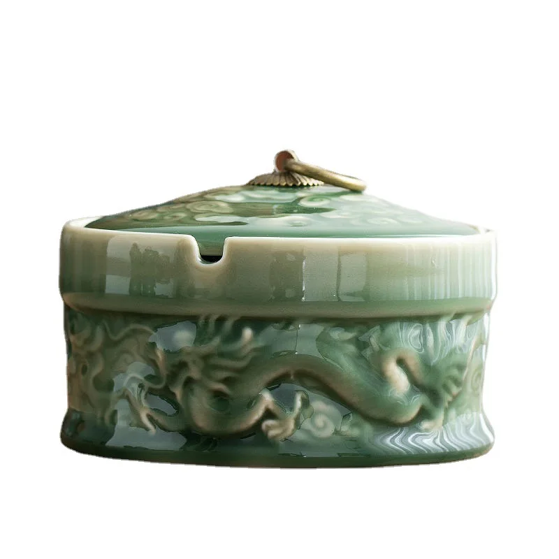 European Ceramic Ashtray with Lid Handmade Dragon Pattern Decorative Office Ashtrays Living Room Table Top Glazed Color Ash Tray