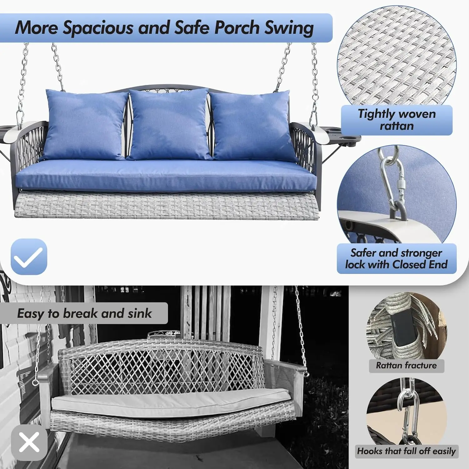 Wicker Porch Swing Heavy Duty 900 LBS 3-Seat Outdoor Patio Swing Chair with Cushions & 8.9ft Chains Outdoor Hanging, Customized