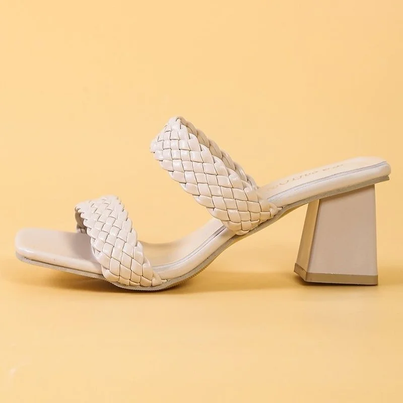 Fashion One-word Woven Belt High Heels Slippers Women 2022 Summer New Square Heels Sandals Ladies Plus Size 43 Women Slippers