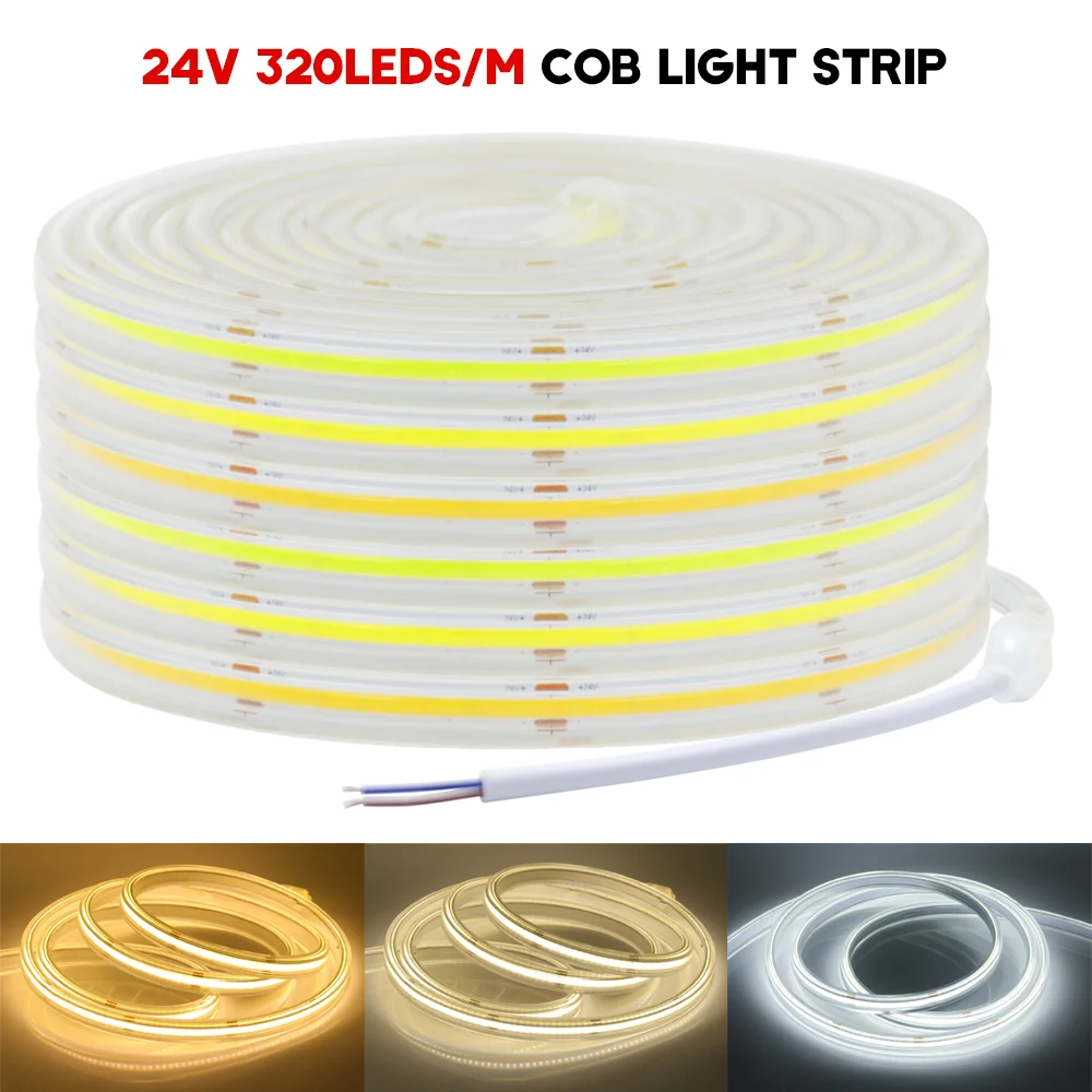 

IP65 Waterproof COB LED Strip DC24V 320LEDs/m RA90 Flexible High Density 3000K-6000K Led Tape for Kitchen Room Decor 0.5m-20m