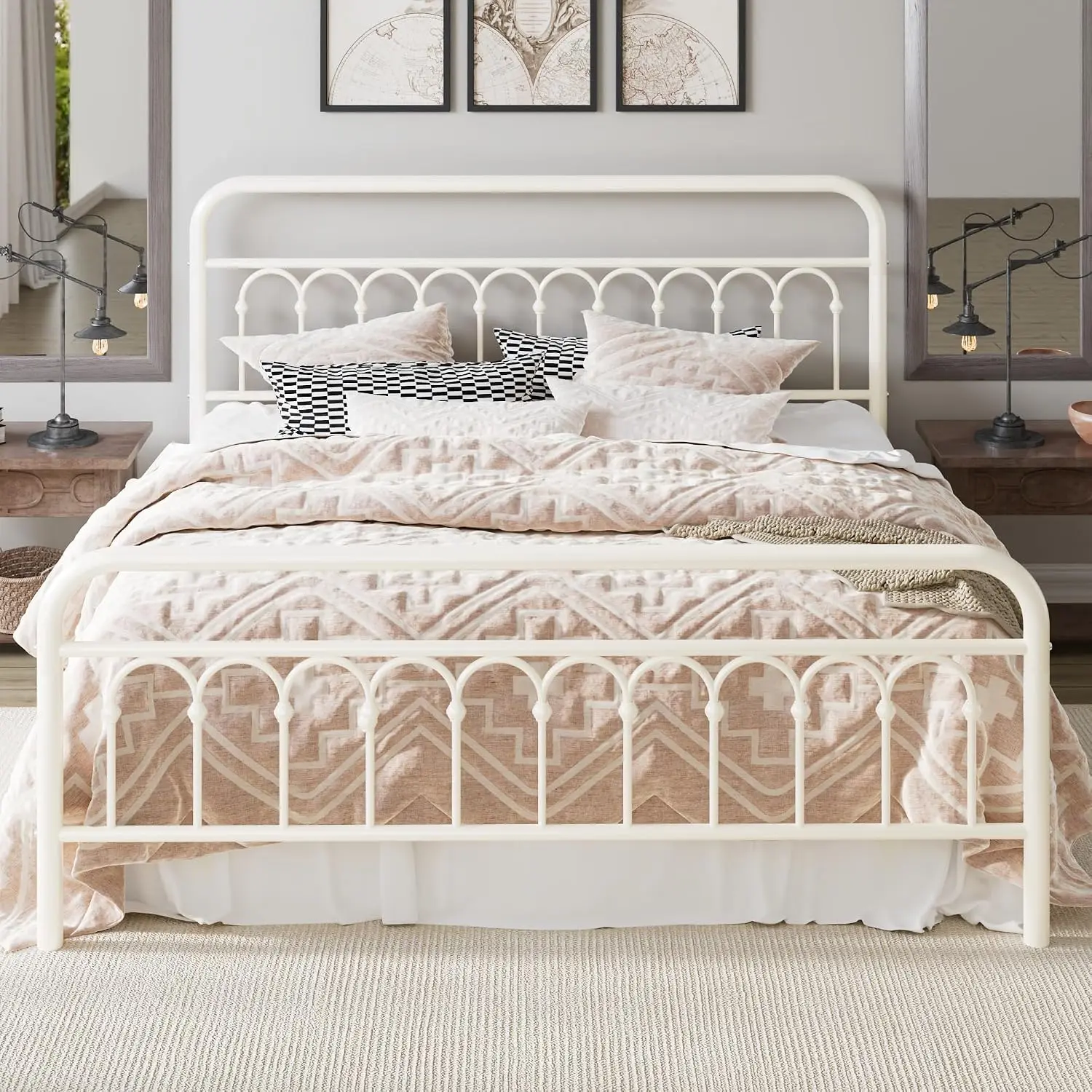 Victorian Metal Bed Frame with Curved Headboard & Footboard, 14 Inch Slats No Box Spring King, Customized