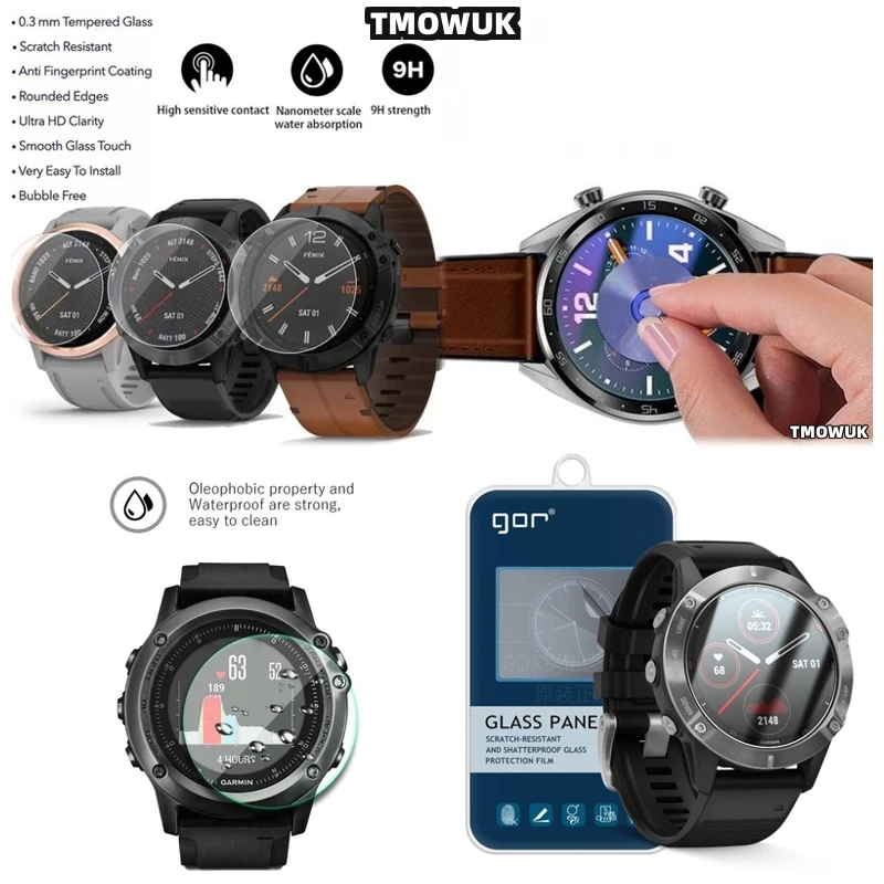 

For Garmin Fenix 6 6S 6X Pro Silver Tempered Glass Screen Protector Smart Watch HD Anti-Scratch 9H Hardness Ultra -Thin Cover