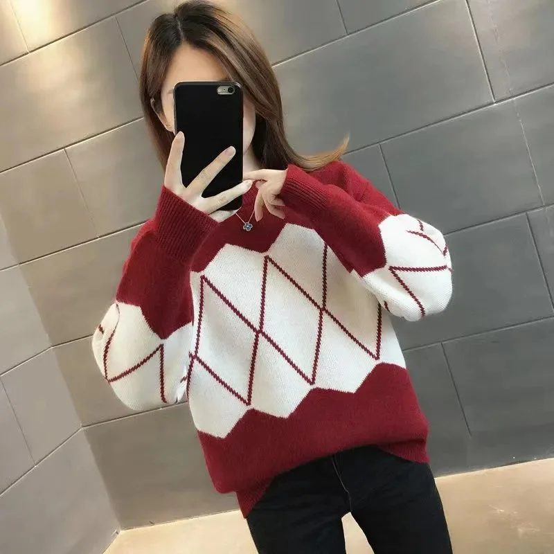 

Women Pullover Long Sleeved Knitting Autumn Winter Ladies Round Neck Long Sleeved Knitwear Female Loose Color Blocking Sweater