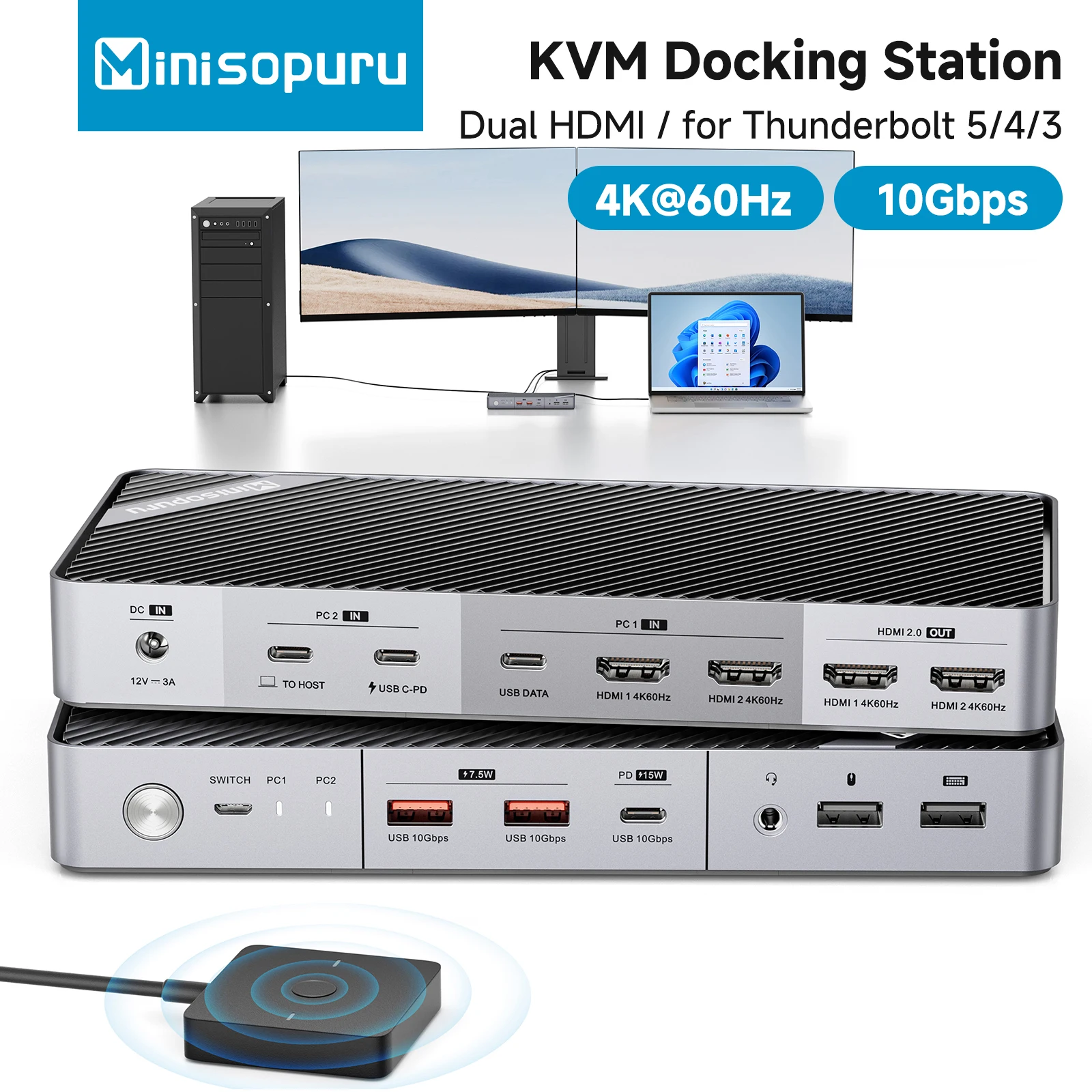 

Док-станция Minisopuru с двойным монитором и KVM-переключателем для настольного ноутбука, с зарядными USB-концентраторами 4K HDMI 15 Вт для Thunderbolt 5/4/3