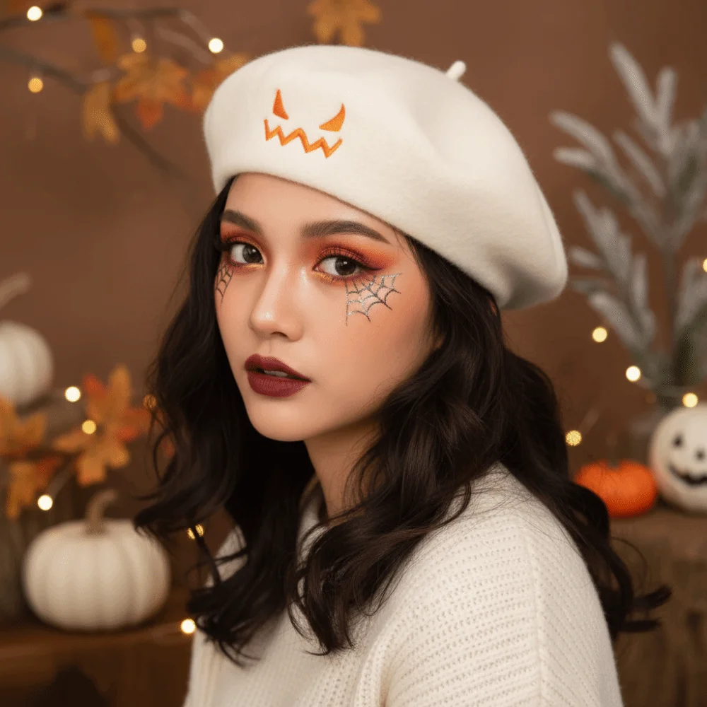 Woolen Pumpkin Beret Hat Lightweight Warm Pumpkin Face Cap Multicolor Embroidered Embroidered Painter Hat School Events