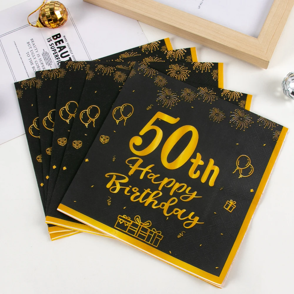 20pc Happy Birthday Disposable Napkins 30 40 50 60th Retro Black Gold Theme Adult Anniversary Birthday Party Decoration Supplies