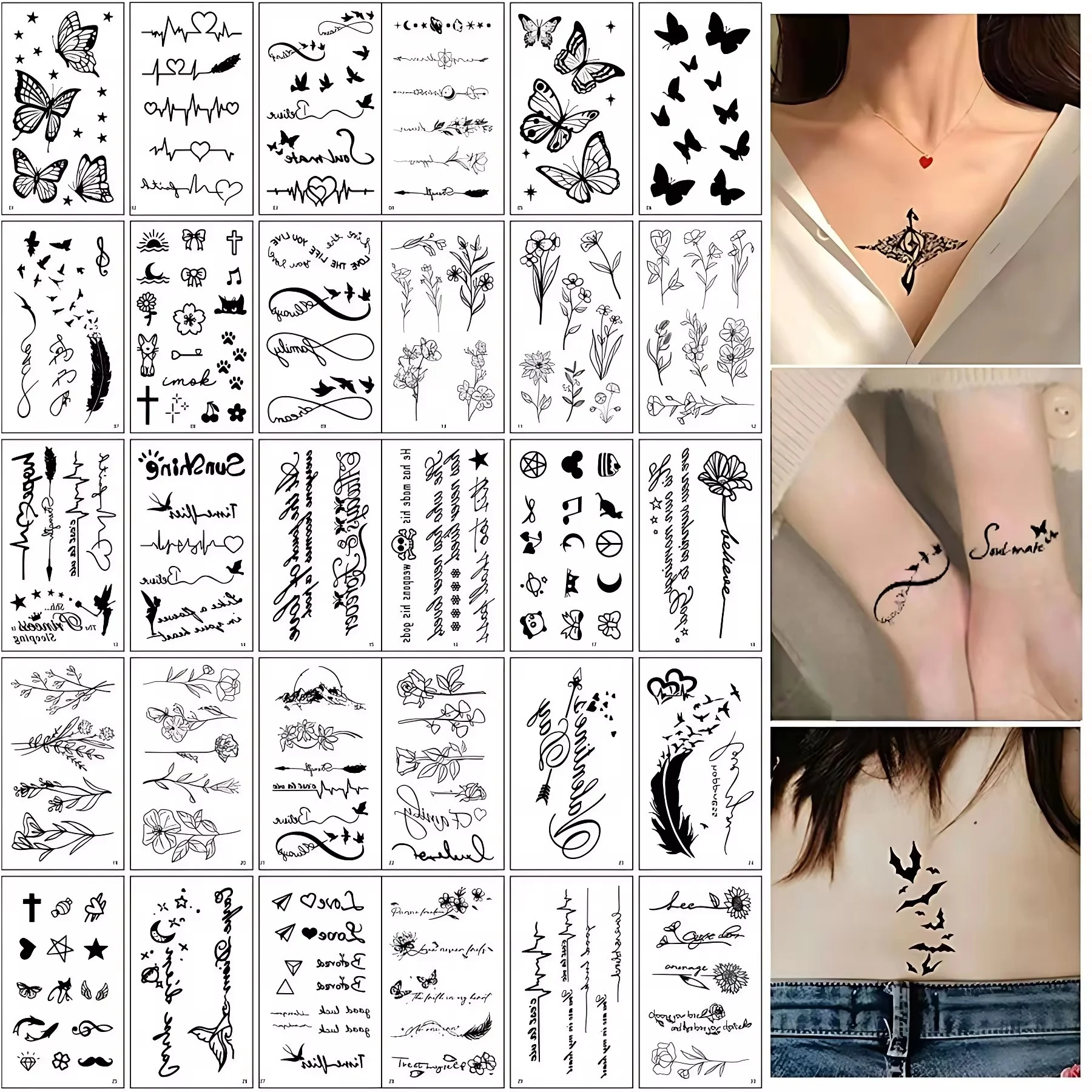 30 teile/satz schwarz realistische Schmetterling wasserdichte Tattoos Aufkleber Einweg einfache Sommer Transfer Tattoo für Frauen Mädchen Bein Hals