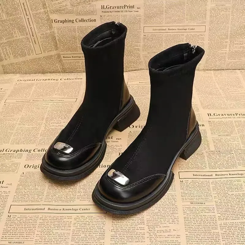 

Европейские и американские эластичные ботинки, осень-зима 2021, женские лоскутные полусапожки, модные женские плюшевые теплые черные ботинки с круглым носком