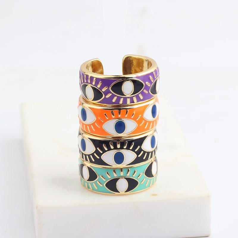 Enamelled Evil Eye Ring Multi-color Stackable Band Ring Women's Gold Plated Copper Ring Turkish Evil Eye Finger Ring Jewelry