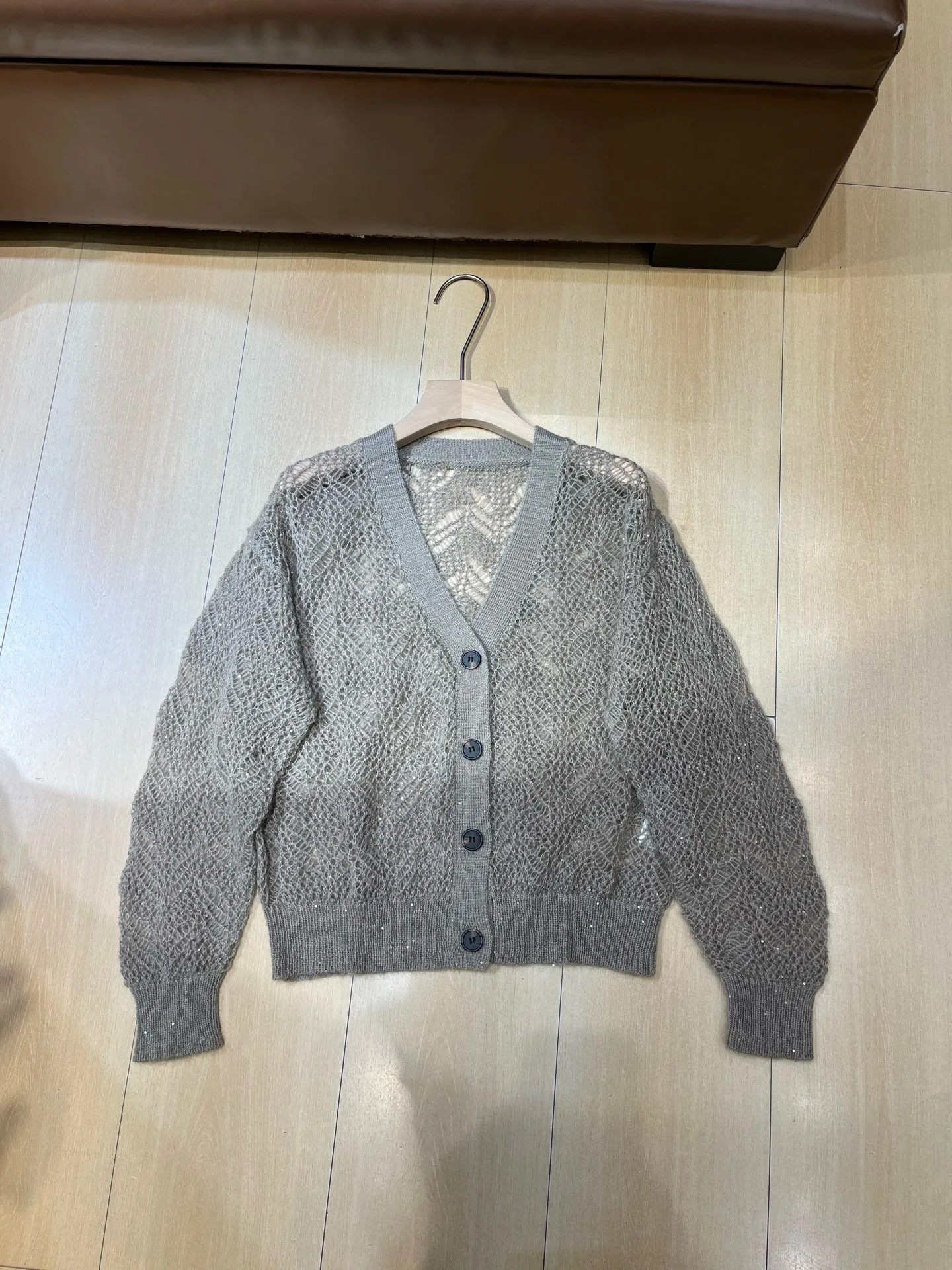Lightweight Openwork Knit Cardigan Women V-Neck Glitter Sequin Button Front Layering Sweater
