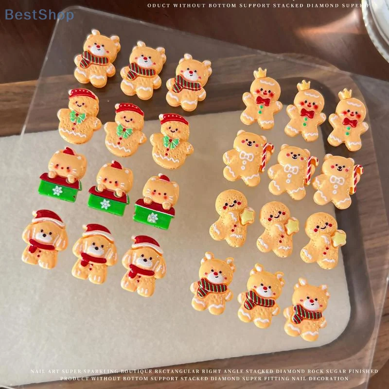 

10PCS Kawaii Christmas Gingerbread Man Elk Resin Nail Charms Cartoon Creative Yellow Bear Snowman Nail Art Decorations DIY Nails