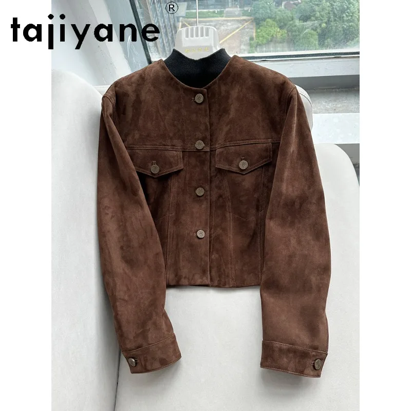 TAJIYANE Spring Genuine Leather Jacket Woman Suede Sheepskin Cropped Biker Jackets for Woman Leather Coat Round Neck Outerwear