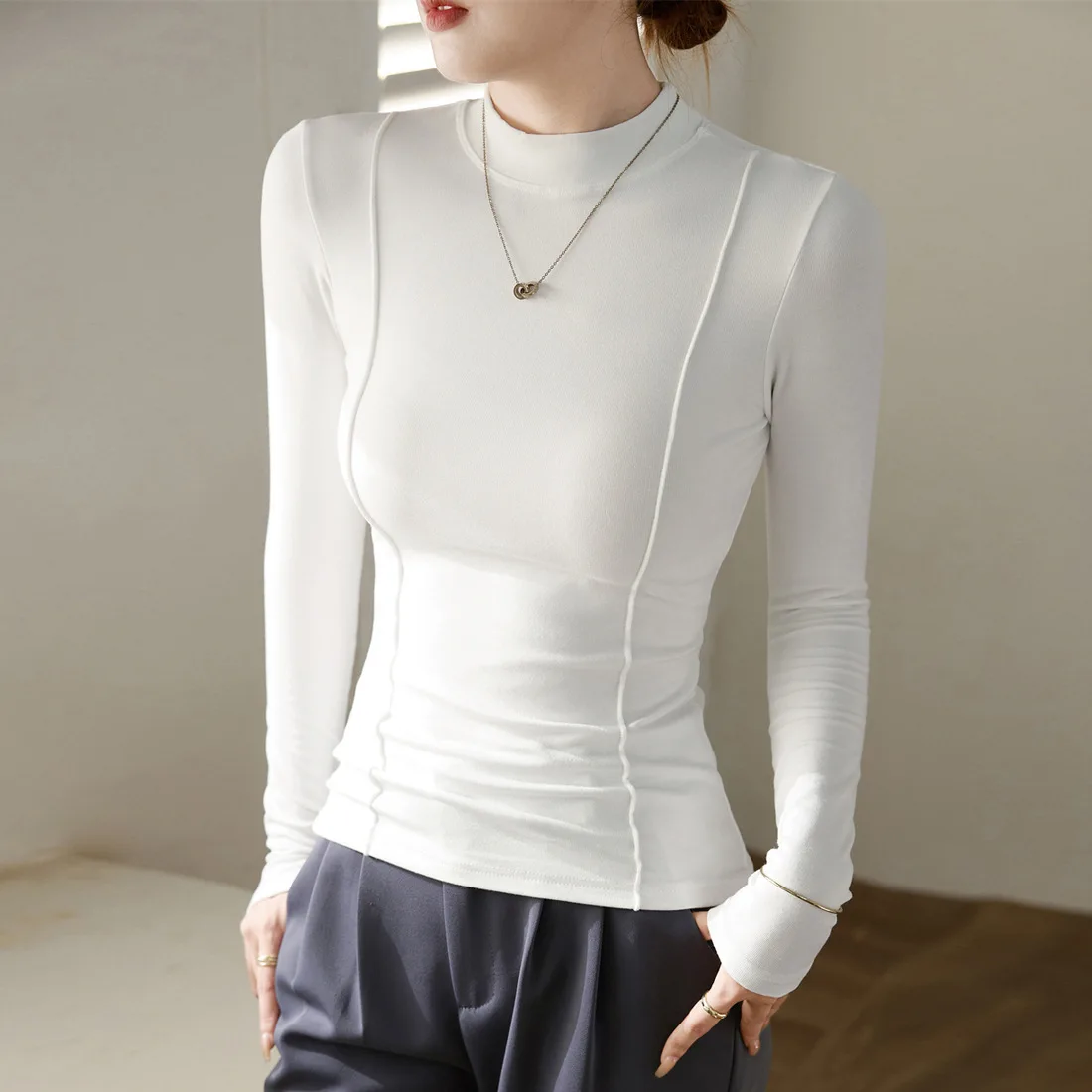 

Spring Autumn Women's Elastic Long Sleeve T-shirt Korean Harajuku Elegant Half High Collar Blouse Y2K Streetwear Pullover