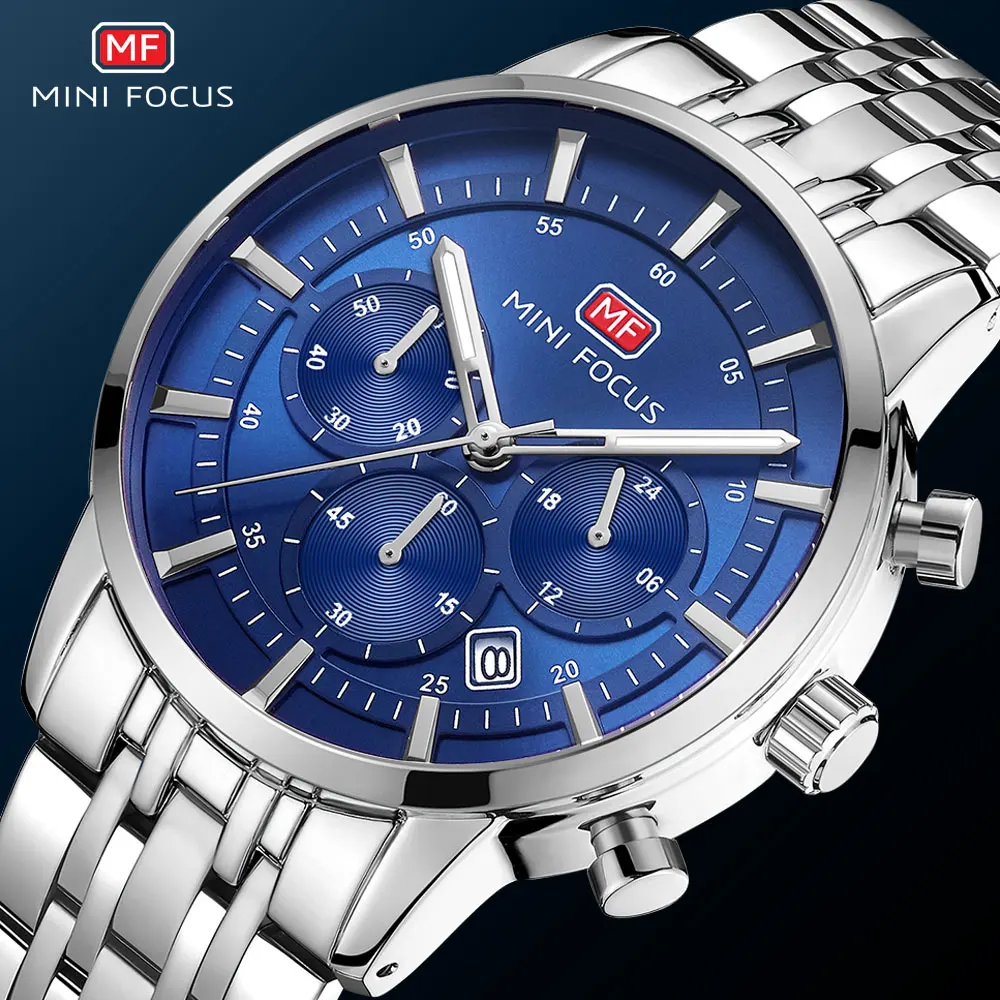 MINI FOCUS 2026 Top Luxury Silver Blue Quartz Watches Men Brand Chronograph Wristwatch Waterproof Luminous Business Watch Man