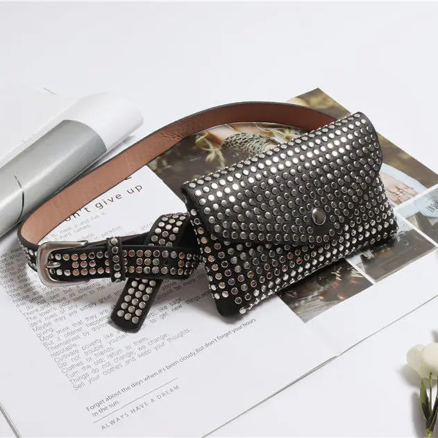 Fashionable Motorcycle Style Belt Waistpack Women's Horizontal Square Personalized Rivet Inlaid Fashion Mini Waistpack For Women