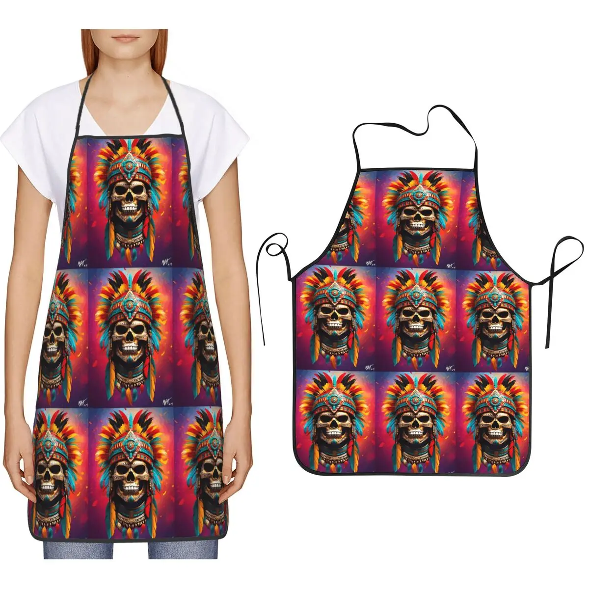 Aztec Skull7 Apron Chef Cooking Cuisine Tablier Bib Kitchen Cleaning Pinafore for Women Men Painting