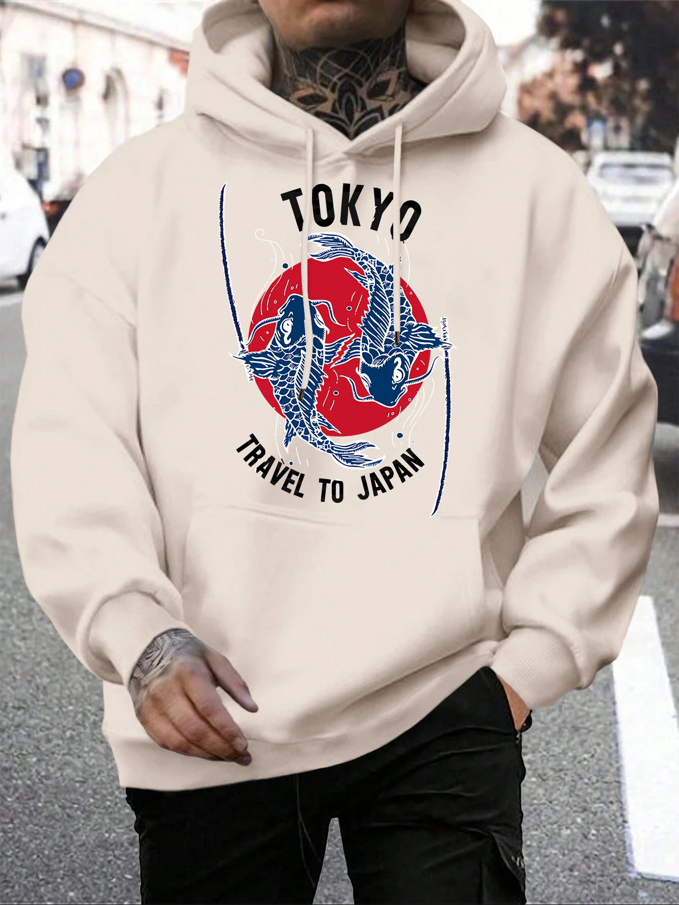 Harajuku الأسماك طوكيو السفر إلى اليابان يطبع البلوفرات الرجال الخريف تنفس رياضية دافئة Hot البيع هودي فضفاض الخريف الشارع الشهير