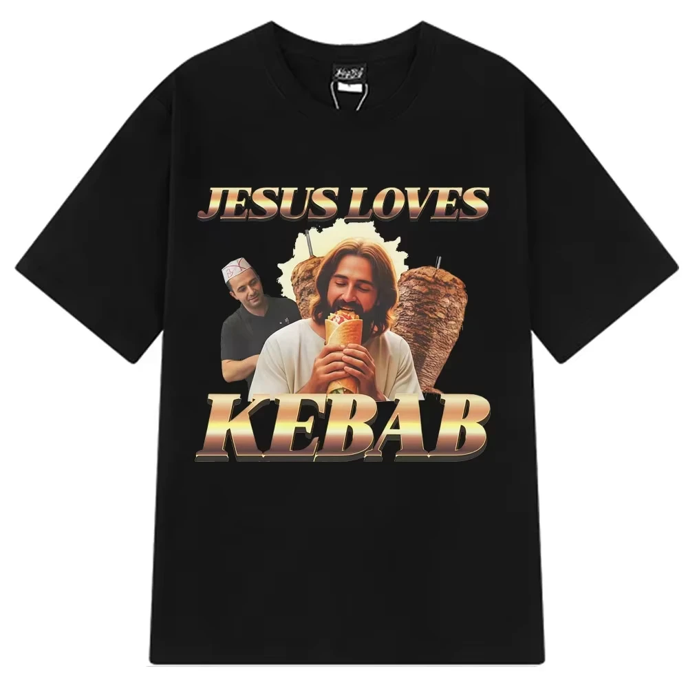 2026 Jesus Loves Kebab Graphic Funny Meme Men Women Fashion Clothing T Shirts Short-sleeved Cotton Hip-hop Retro T-shirts