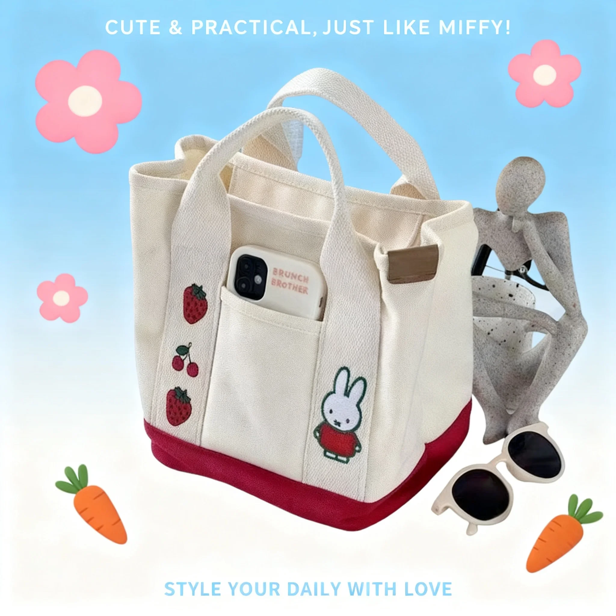 

Cute Anime Kawaii Miffy Embroidery Canvas Zipper Tote Bag Bento Lunch Box Bag for Friends Christmas Gift
