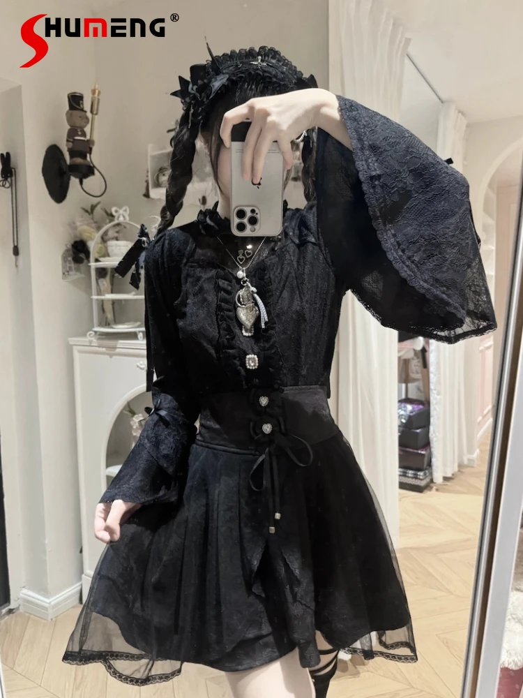 

Original Japanese Subculture Black Gothic Long Ji Sleeve Shirt Skirt Set Autumn New mine Mass-Produced Shirt and Skirt outfit