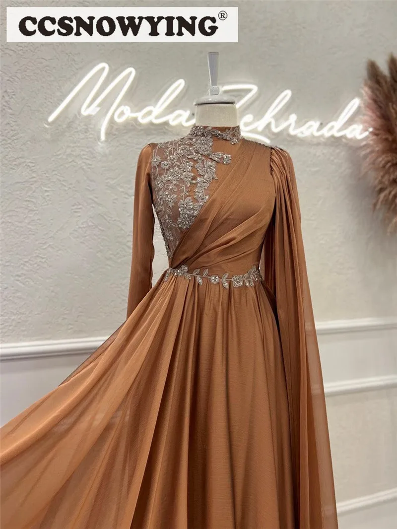 Elegant Chiffon Appliques Muslim Evening Dresses Long Sleeve Hijab Islamic Formal Party Gown High Neck Arabic Robe De Soiree