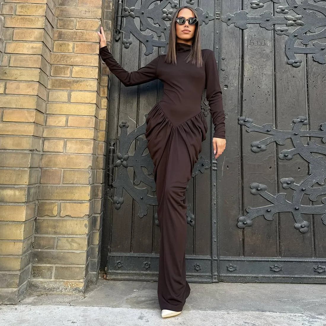 2025 Autunno Inverno Solido Increspato Patchwork Aderente Maxi Vestito Da Partito Dolcevita Manica Lunga Sottile Abito Da Sera Banchetto Abito Lungo