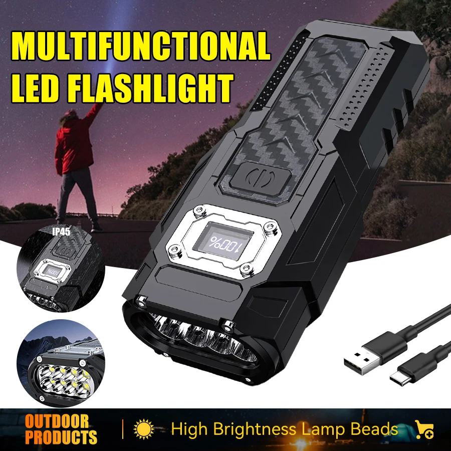 Multifunctional Powerful LED Flashlight Portable Ultra Bright Torch USB Rechargeable Outdoor Emergency Camping Power Bank