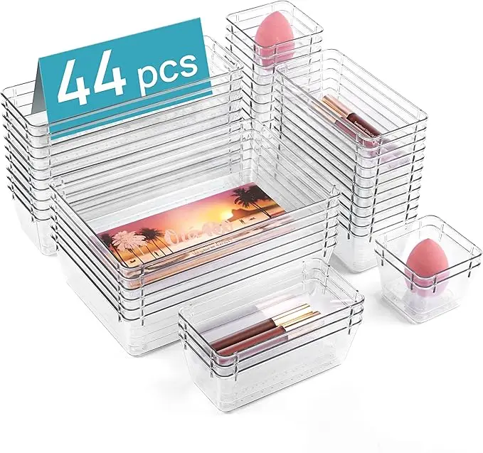 44 PCS Clear Plastic Drawer Organizers Set, 4-Size Versatile Bathroom and Vanity Organizer Trays, Non-Slip Storage Containers