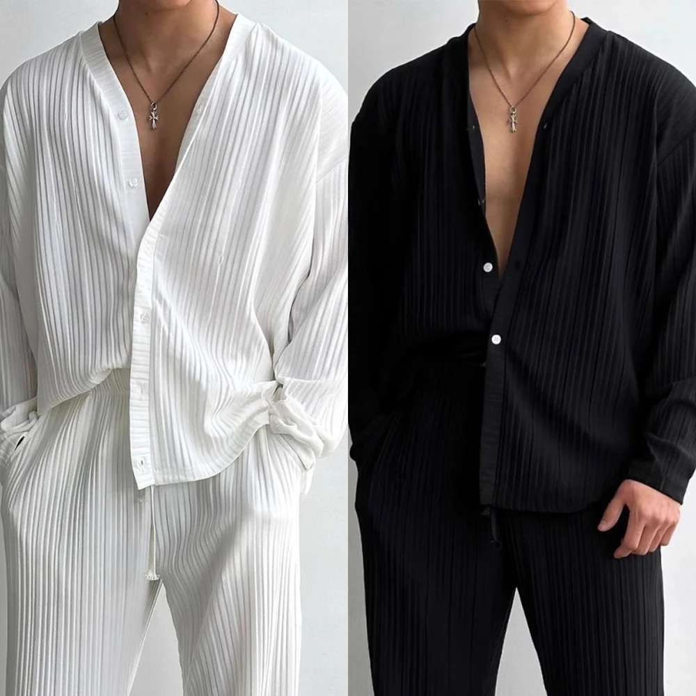 

Mens Striped Sexy Solid Color V-Neck Knitted Long Sleeves Sweater Pants Autumn Casual Fashion Two-Piece Set Men’s Clothing 2025