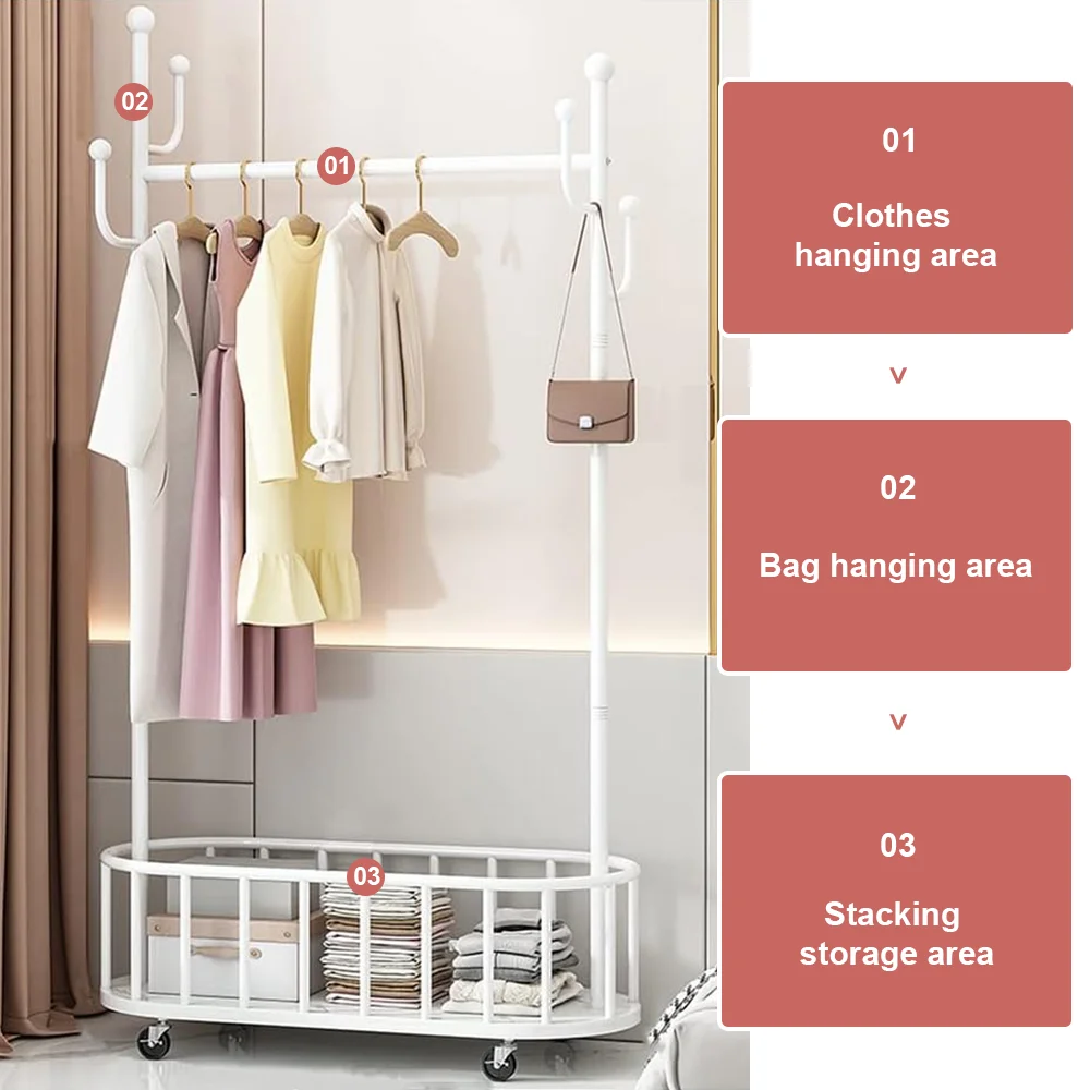 Stehender Kleiderständer mit Rollen und Ablage für Garderobe, Schlafzimmer und Wohnzimmer – Detail 4