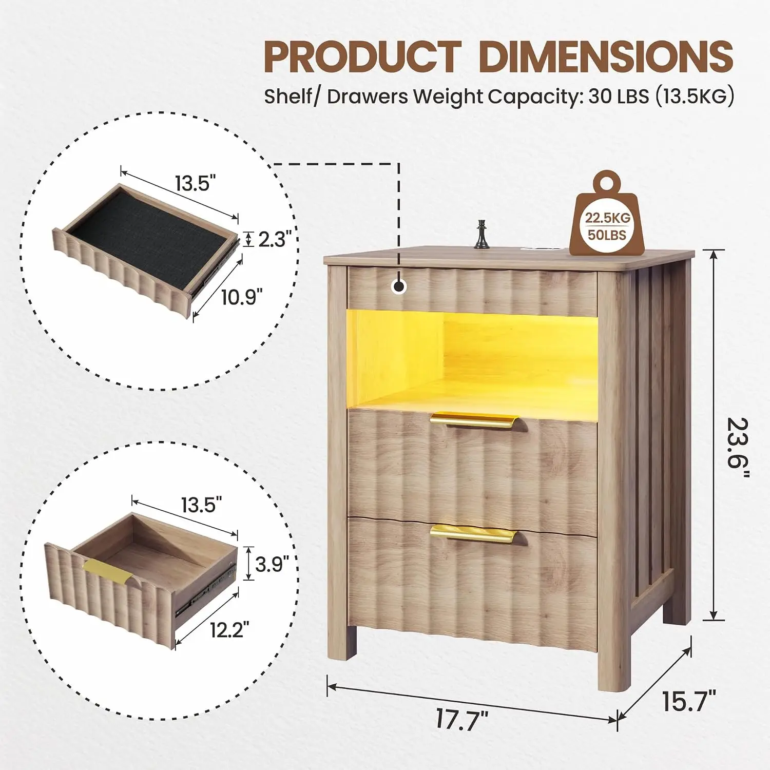 LED Nightstand with Hidden Gun Drawer & Charging Station, Human Sensor Storage Shelf for Bedroom Modern Fluted Wood, Customized