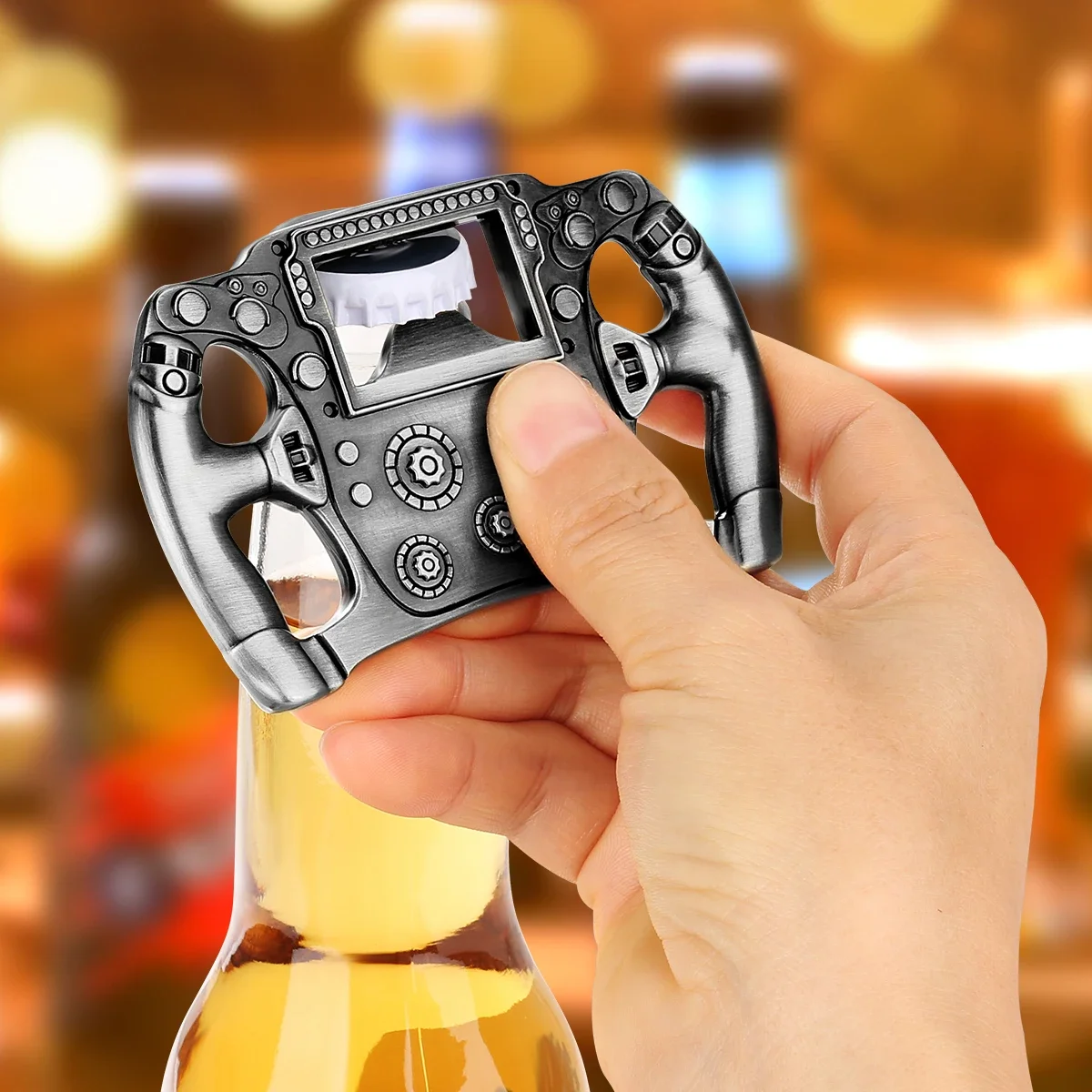 Grey Black/Bronze Novel Steering Wheel Shaped Metal Beer Bottle Openers Beer Accessory Tool Gift for Racing Car Lovers