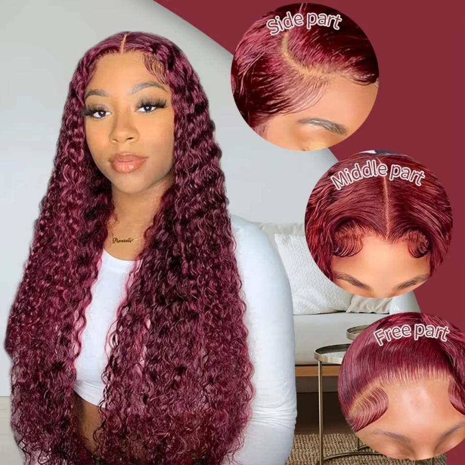 

250 Density 99J Burgundy FC Deep Wave Wig, 13x4/13x6 HD Lace Front, Human Hair, 30-40 Inch, Pre-Plucked, For Women, High-Quality