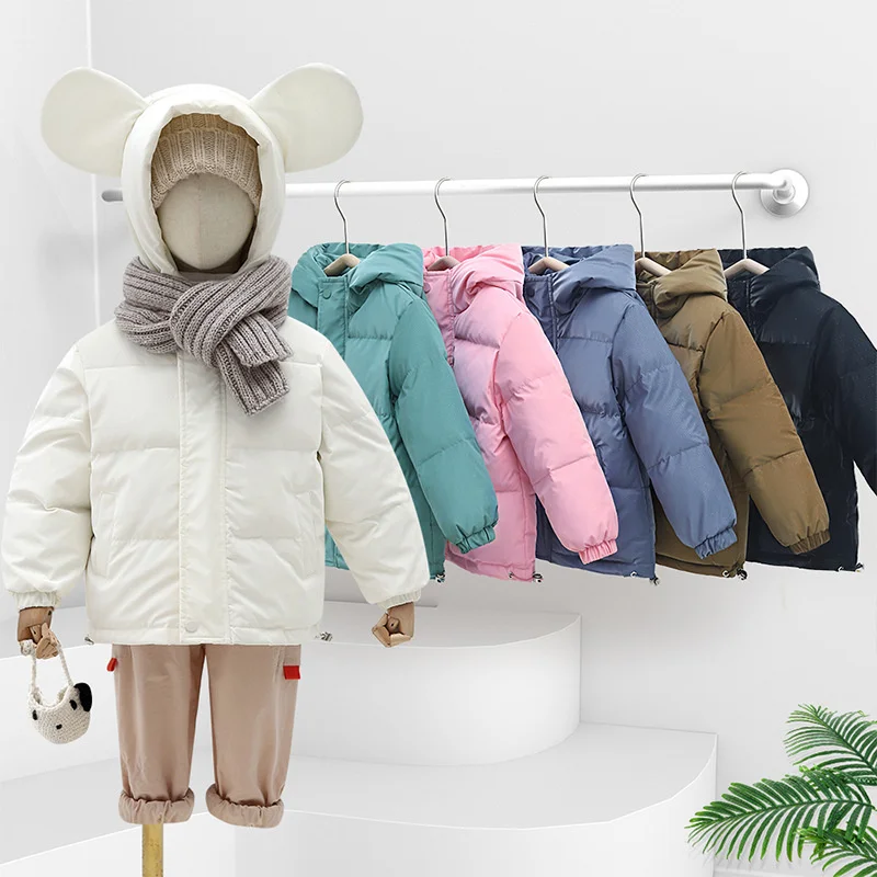 Boys Girls Winter Warmth Baby Plain Puffer Jackets Cartoon Shower Children White Duck Down Coats Kids Therme Outfits 2-11 Years