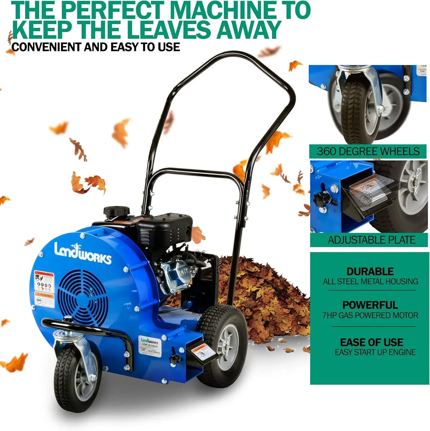 Leaf Blower Wheeled Walk Behind Jet Sweep Manual-Propelled Powerful 7HP 4 Stroke OHV Motor Output Wind Force of 200 MP