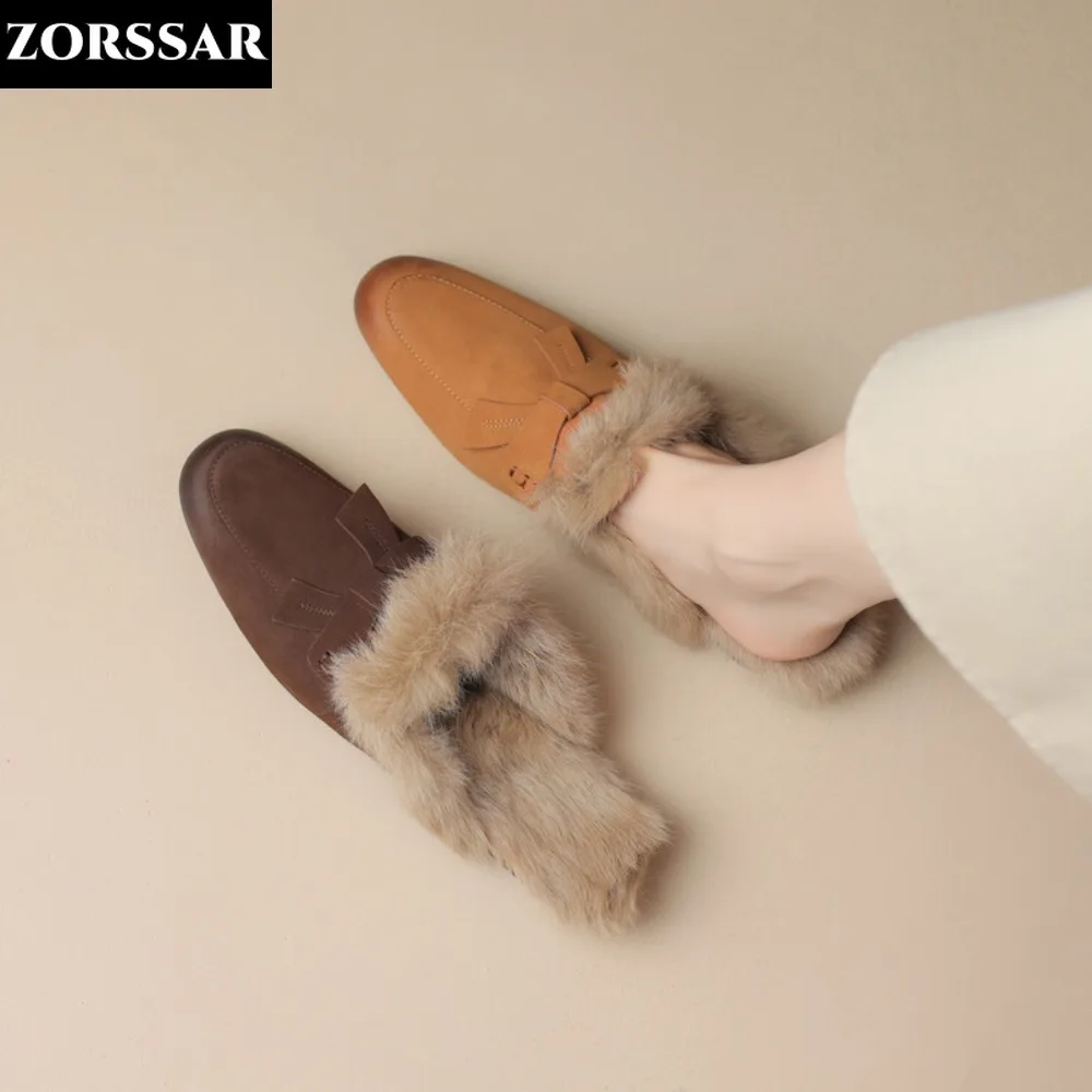 

Women Genuine Leather Fur Flat Mules Slipper Fashion Solid Color Closed Toe Plush Slippers Casual Outdoor Furry Warm Slides