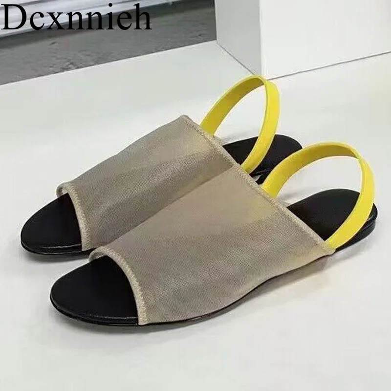 

Spring Summer Mesh Peep Toe Flat Bottom Sandals Women Back Strap Sandals Ladies Seaside Vacation Beach Shoes Lazy Mules 2024