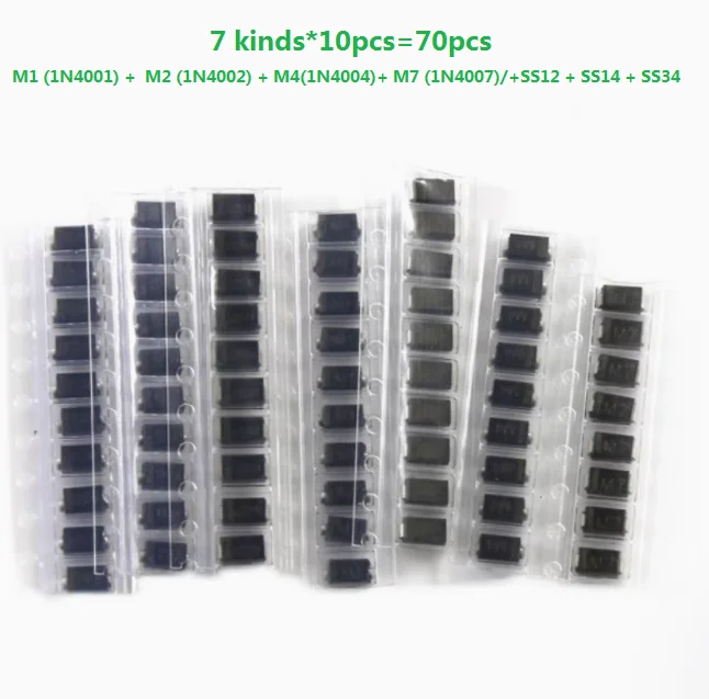7 kinds*10pcs=70pcs/lot SMD Diode Kit Package M1 (IN/1N4001)+ M2 (1N4002)+M4(1N/1N4004)+M7 (1N/1N4007)+SS12+ SS14+SS34 Set SMA